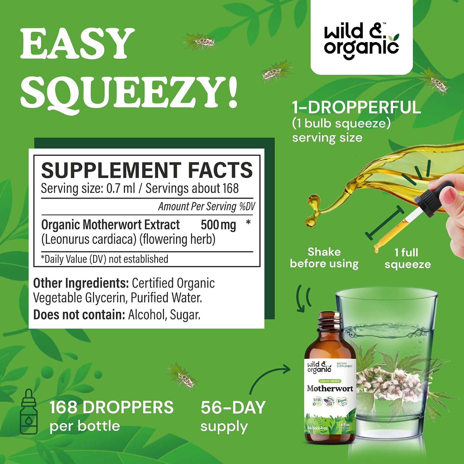 Wild & Organic Motherwort Tincture - Good Mood, Calmness and Overall Support - Vegan, Sugar & Alcohol-Free Extract Drops - 118 ml - görsel 3