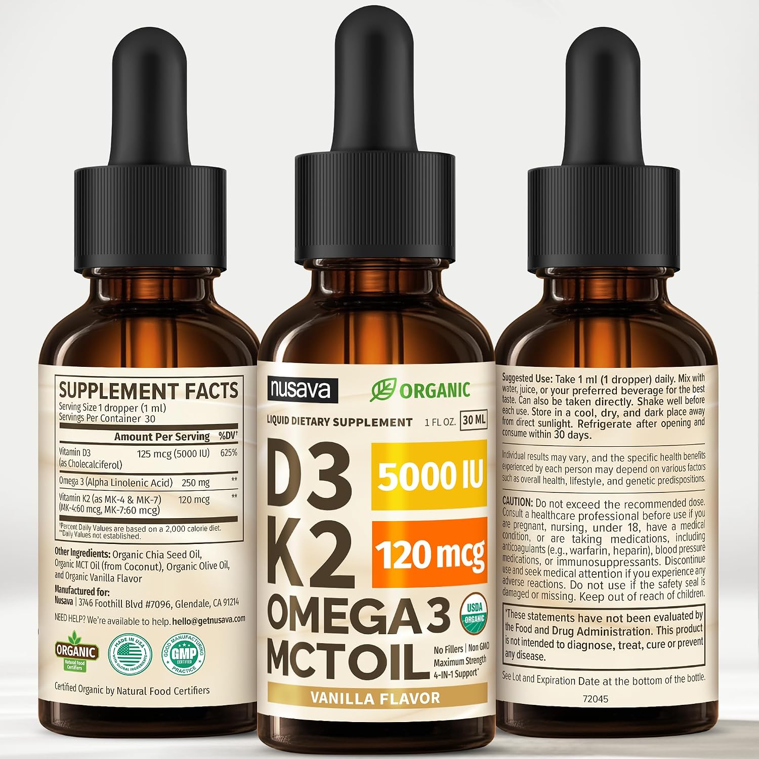 (Pack of 2) Organic Vitamin D3 K2 Drops with MCT Oil & Omega-3 – Liquid Vitamin D3 5000 IU – K2 D3 Supplement – Non-GMO, GMP, Vanilla (60 ml) - görsel 8
