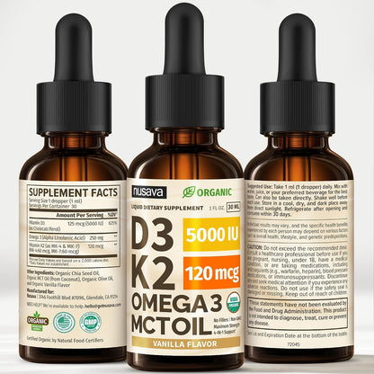 (Pack of 2) Organic Vitamin D3 K2 Drops with MCT Oil & Omega-3 – Liquid Vitamin D3 5000 IU – K2 D3 Supplement – Non-GMO, GMP, Vanilla (60 ml)