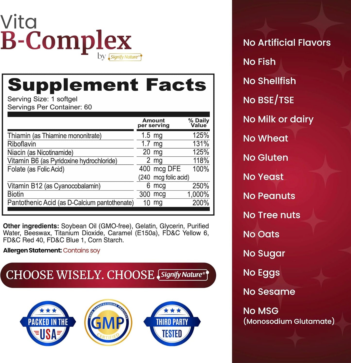 SIGNIFY NATURE VitaBComplex with Vitamin C and E - B Complex Vitamins for Women and Men, 60 Soft gel capsules - görsel 2