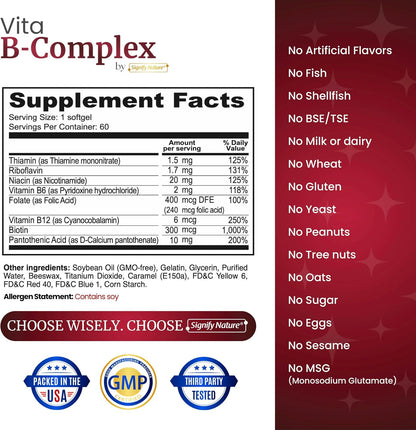 SIGNIFY NATURE VitaBComplex with Vitamin C and E - B Complex Vitamins for Women and Men, 60 Soft gel capsules