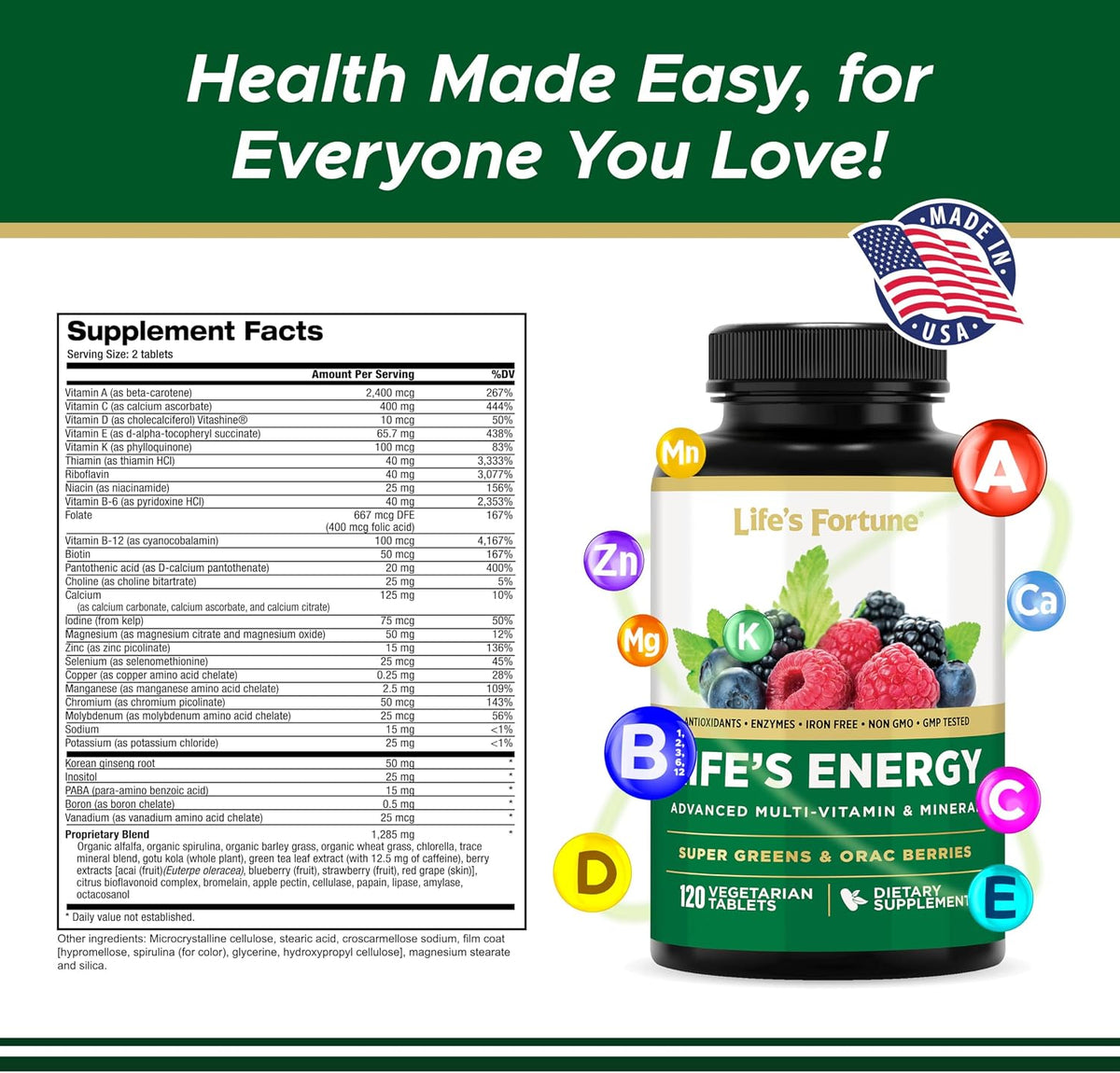 Life's Energy Advanced Daily Multivitamin with Super Greens - Energy & Immune Support - Non-GMO, Vegetarian - 120 Tablets - görsel 4