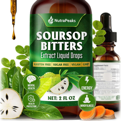 Soursop Bitters Liquid Drops – Ashwagandha, Black Seed, Burdock, Dandelion, Elderberry & Ginger, 59 ml | NutraPeaks