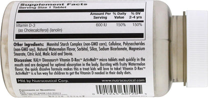 KAL D-REX Vitamin D3 600 IU Watermelon Fast-Melting Tablets, 120 Count
