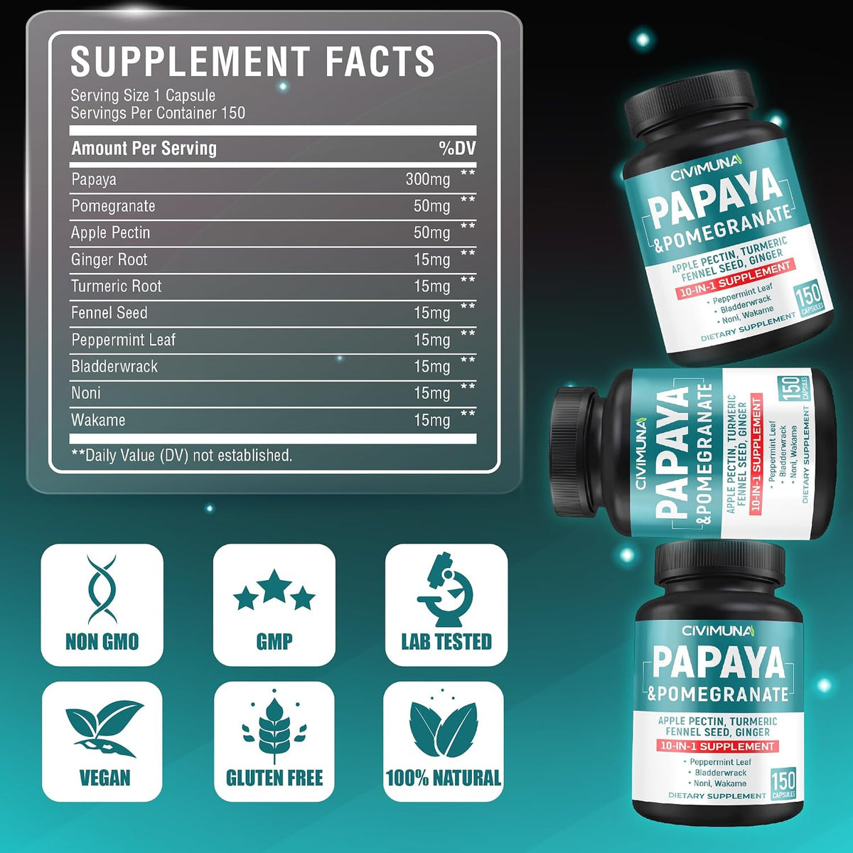 CIVIMUNA Papaya Capsules with Papaya, Pomegranate, Apple Pectin and More - 150 Capsules for 5 Months Supply - görsel 3