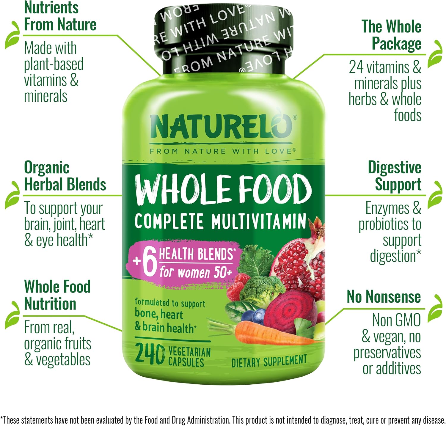 NATURELO Whole Food Multivitamin for Women 50+ (Iron Free) – Vegan, Non-GMO, 240 Capsules - görsel 2
