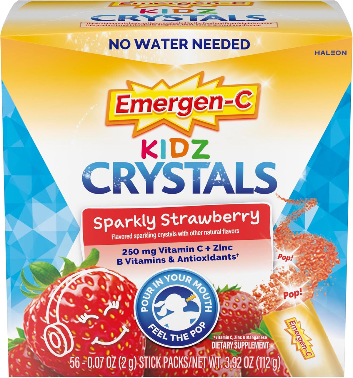 Emergen-C Kidz Crystals, On-the-Go Immune Support Supplement with Vitamin C, B Vitamins, Zinc and Manganese, Sparkly Strawberry - 56 Stick Packs - görsel 1