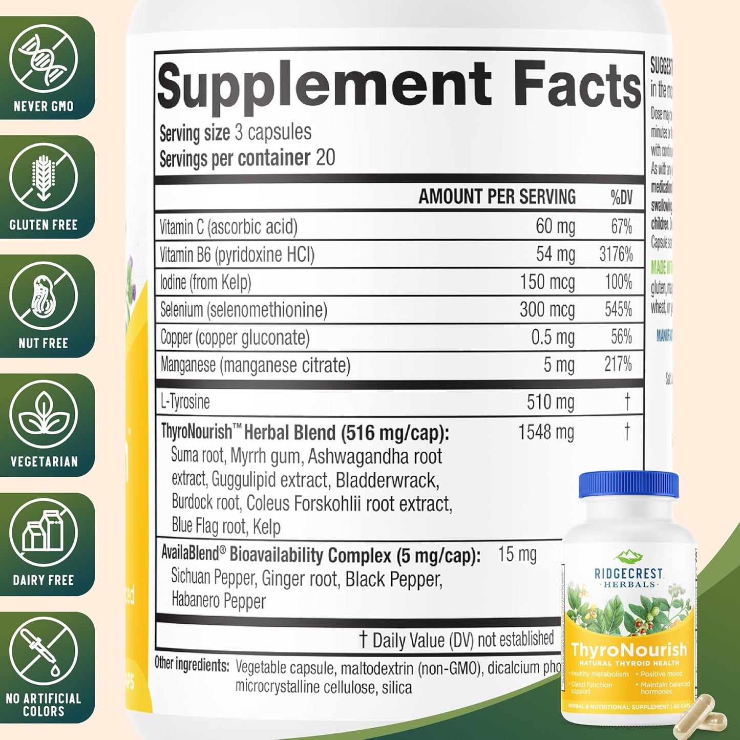 Ridgecrest Herbals ThyroNourish — Thyroid Support Supplement with Ashwagandha, L-Tyrosine, Iodine, Copper, Kelp (60 Capsules) - görsel 3