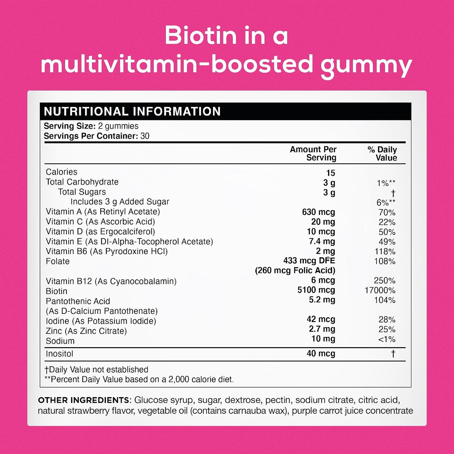 nothing BUT nutrition Biotin Gummies 5100 mcg with Folic Acid, Vitamins A, C, E & D - Hair, Skin, and Nails Support - 60 Gummies - görsel 2