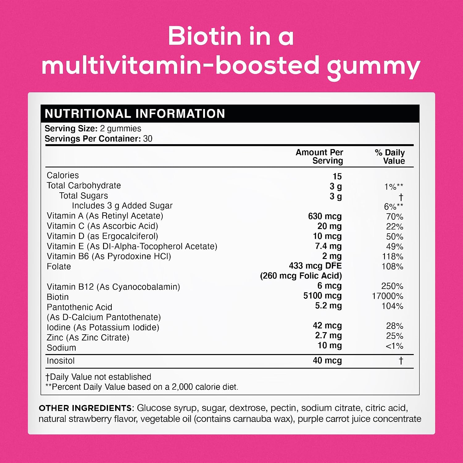 nothing BUT nutrition Biotin Gummies 5100 mcg with Folic Acid, Vitamins A, C, E & D - Hair, Skin, and Nails Support - 60 Gummies - görsel 2