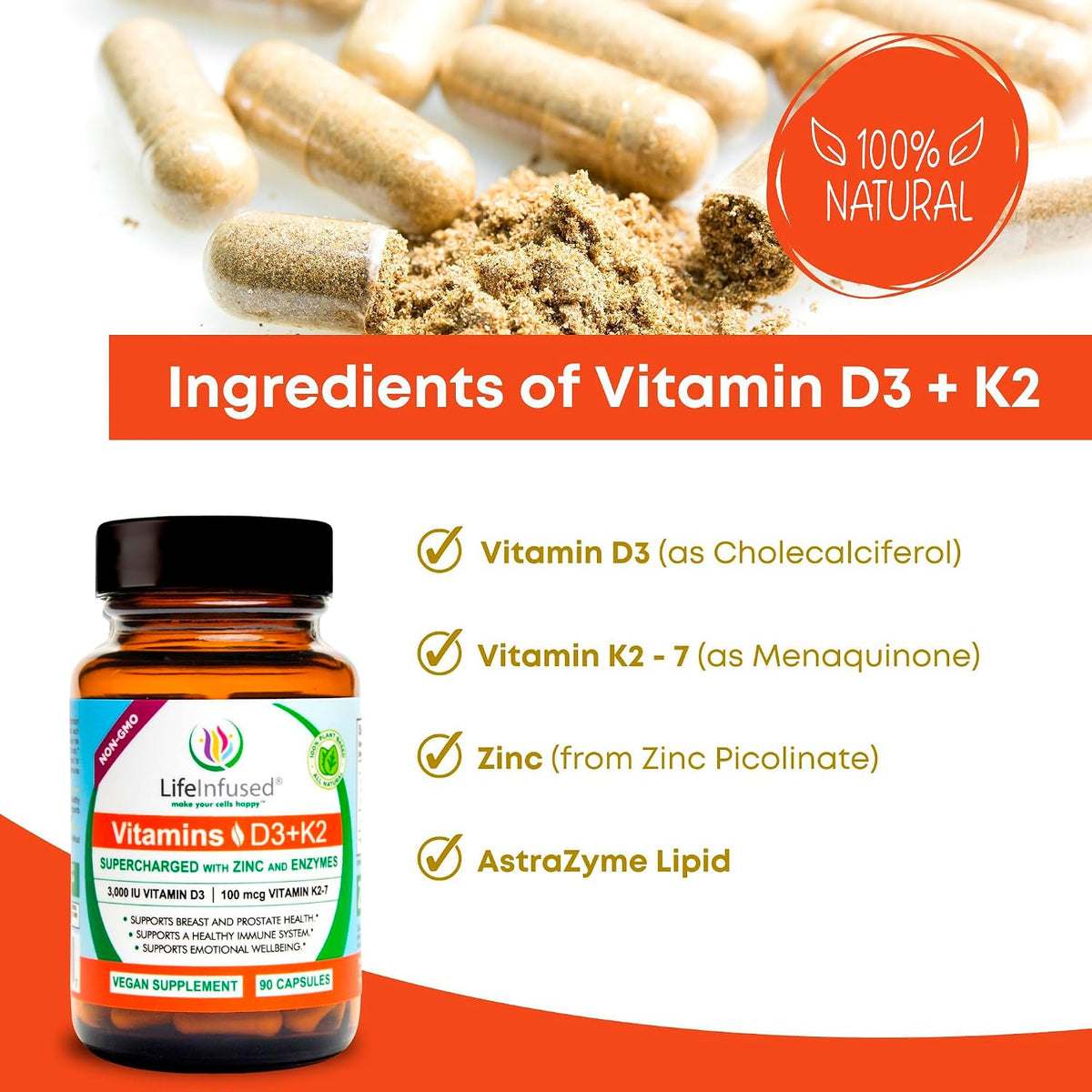 Life Infused Vitamin D3 + K2 with Zinc & Enzymes - 3000 iU D3, MK-7 K2, 90 Vegan Capsules - görsel 2