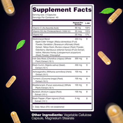 Sea Moss Capsules – 17-in-1 Blend with Black Seed Oil, Ashwagandha, Bladderwrack, Burdock Root, Turmeric, Vitamin D3 K2 C for Daily Health – Multimineral Supplement for Men & Women – 120 Capsules