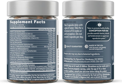 Eu Natural Conception for Him - Male Fertility Supplements with Ashwagandha, Folate & Zinc - Sperm Count, Motility & Strength Support - 60 Vegetarian Capsules