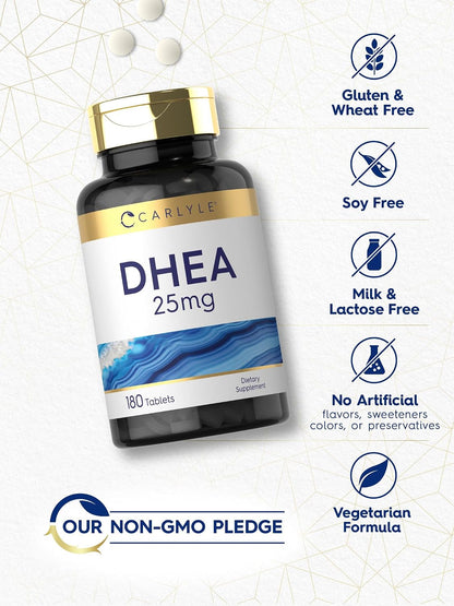 Carlyle DHEA 25 mg Supplement – 180 Vegetarian Tablets, Non-GM & Gluten-Free