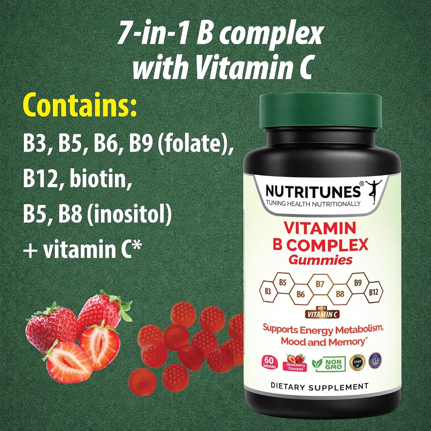 Nutritunes Vitamin B Complex Gummies - High Potency with Methyl B12, Folate, Biotin & Vitamin C - 60 Gummies - görsel 2