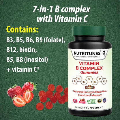 Nutritunes Vitamin B Complex Gummies - High Potency with Methyl B12, Folate, Biotin & Vitamin C - 60 Gummies