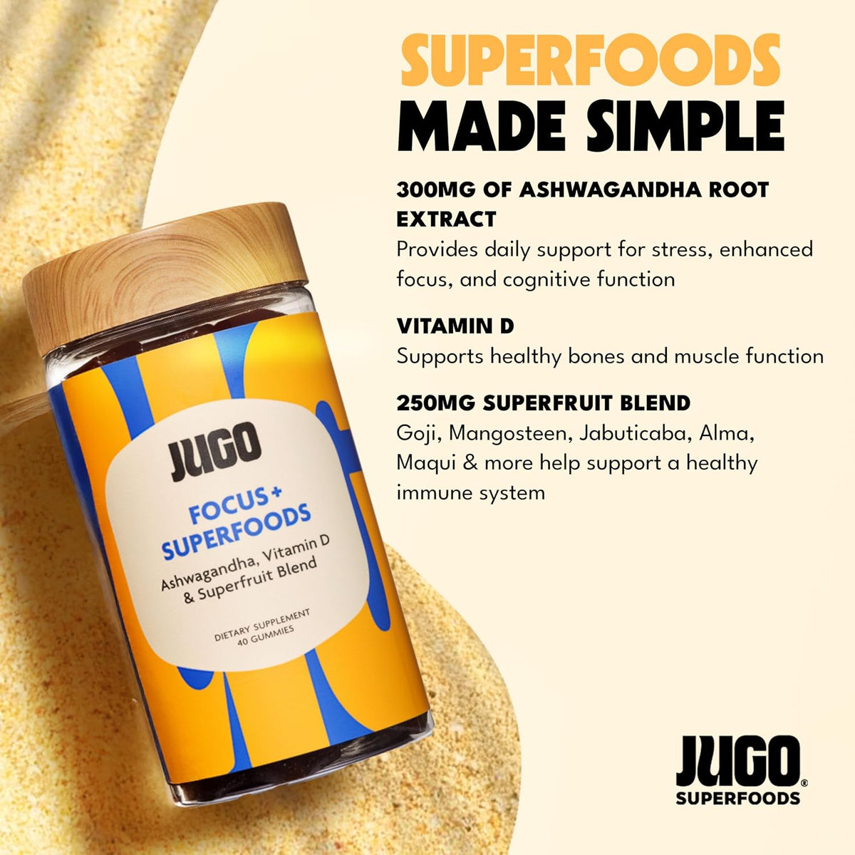 JUGO Focus + SUPERFOODS Ashwagandha Gummies with Vitamin D3 & Superfruit Blend - görsel 2