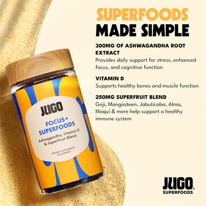 JUGO Focus + SUPERFOODS Ashwagandha Gummies with Vitamin D3 & Superfruit Blend