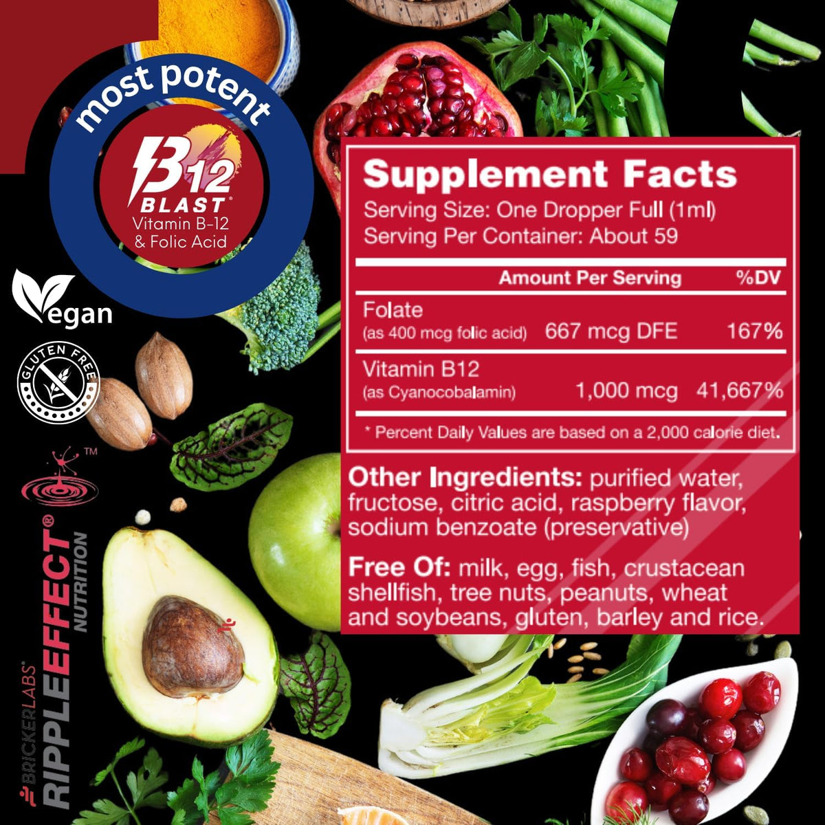 Bricker Labs B-12 Blast Liquid Vitamin B12 and Folic Acid Food Supplement – Natural Raspberry Flavour, 59 ml - görsel 6