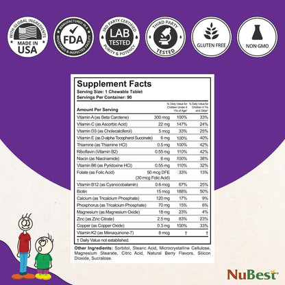 NuBest Tall Kids - Toddler Vitamins and Children's Vitamins for Age 2 to 9 - Support Bone Strength, Overall Health and Immunity - Animal Shapes - 180 Chewable Berry Tablets (Pack of 2)