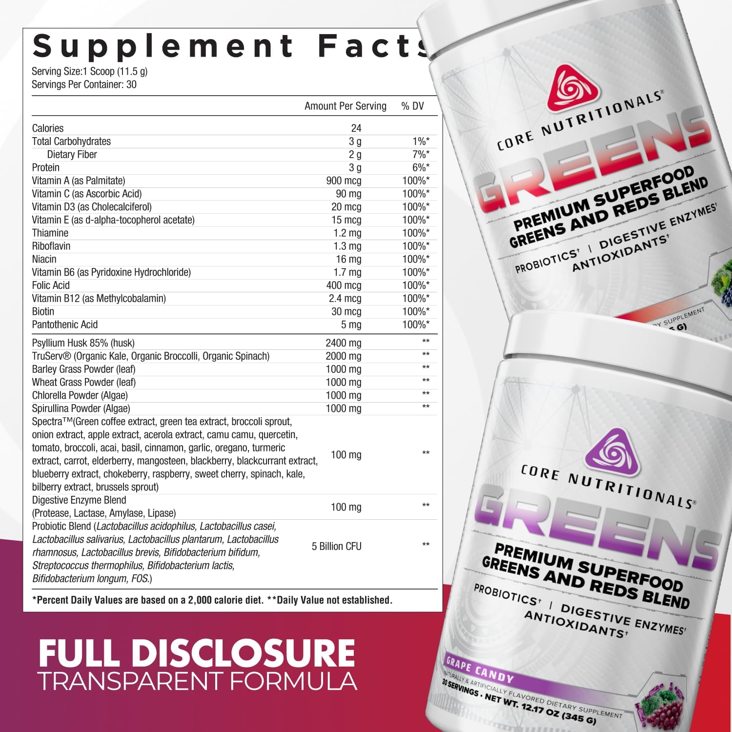 Core Nutritionals Greens | Premium Superfood Reds and Greens Blend | 5 Billion CFU Probiotics, Digestive Enzymes, and Antioxidants | 30 Servings (Berry Bliss) - görsel 2