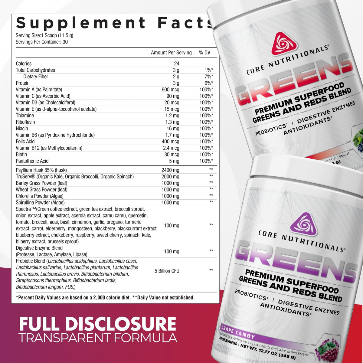 Core Nutritionals Greens | Premium Superfood Reds & Greens Blend | 5 Billion CFU Probiotics, Digestive Enzymes, & Antioxidants | 30 Servings (Grape Candy) - görsel 2