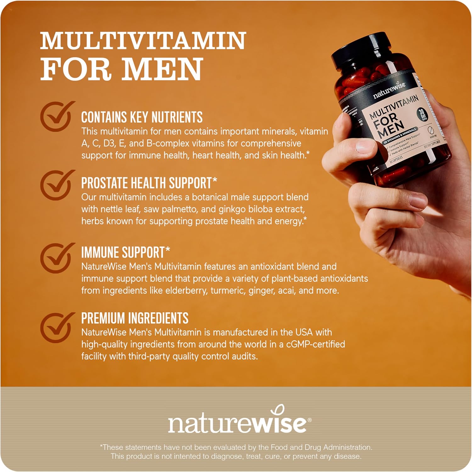 NatureWise Multivitamin for Men - Daily Male Support - Minerals & Herbs for Energy, Performance, Immunity - with Vitamin A, C, D, B-Complex - Soya & Gluten-free, Non-GMO - 90 Capsules (45-Day Supply) - görsel 4