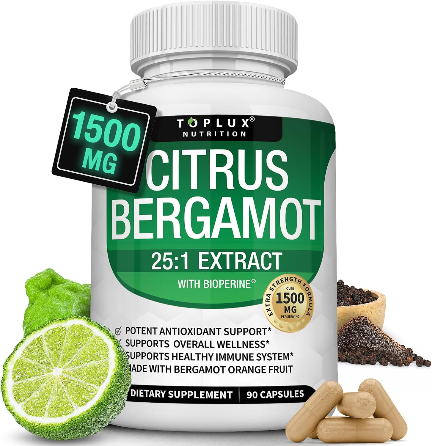 Toplux Citrus Bergamot Supplement 1500mg – High Potency 25:1 Extract with Black Pepper for Enhanced Absorption, Vegan, Non-GMO, 90 Capsules - görsel 1
