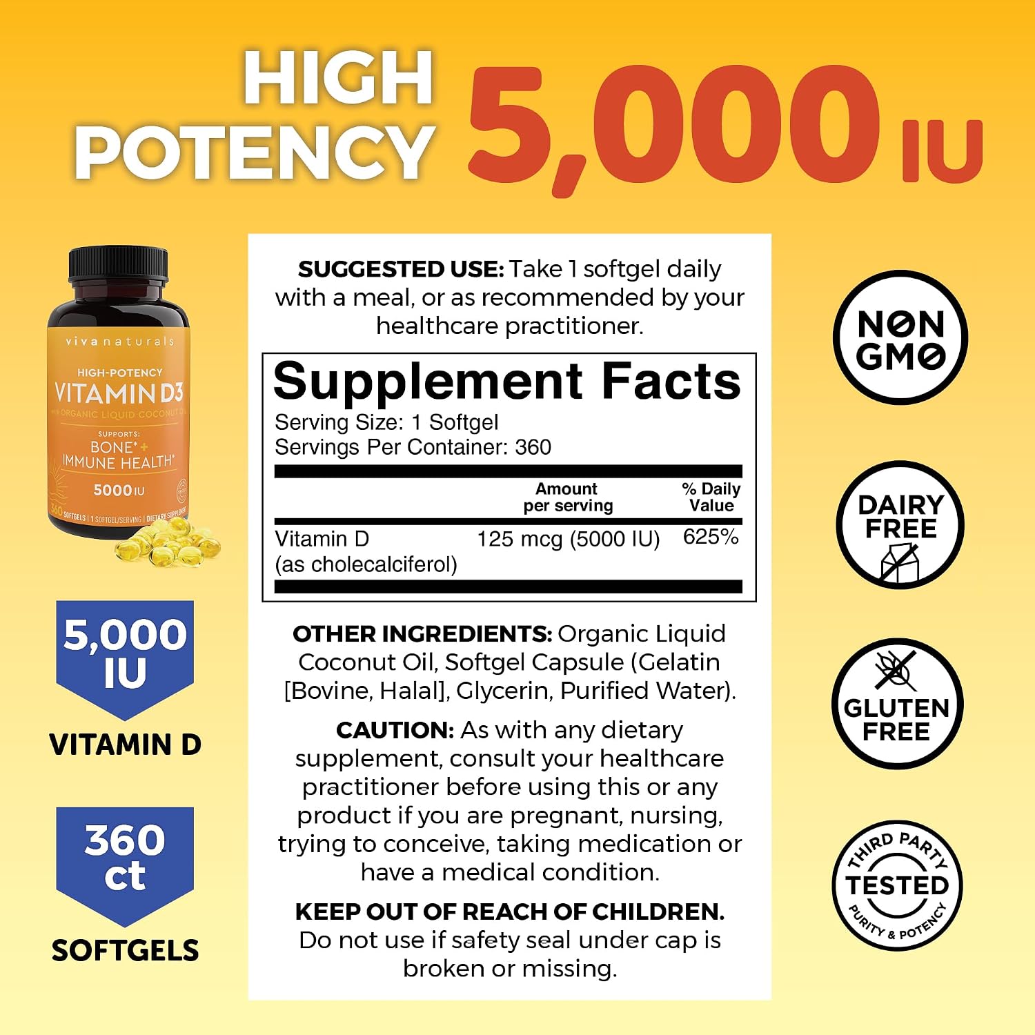 Viva Naturals Vitamin D3 5000 IU Softgels, 360 Count – For Bone & Immune Health - görsel 5