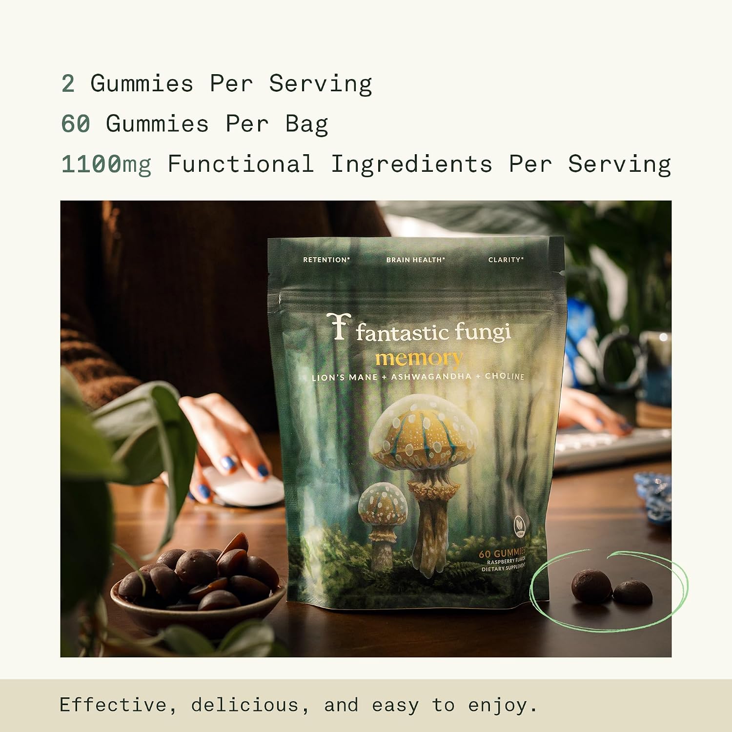 Organic Mushroom Gummies for Focus & Memory - Lion's Mane, Choline & Ashwagandha | Vegan, Sweet & Sour Flavour | 60 Chewables - görsel 5