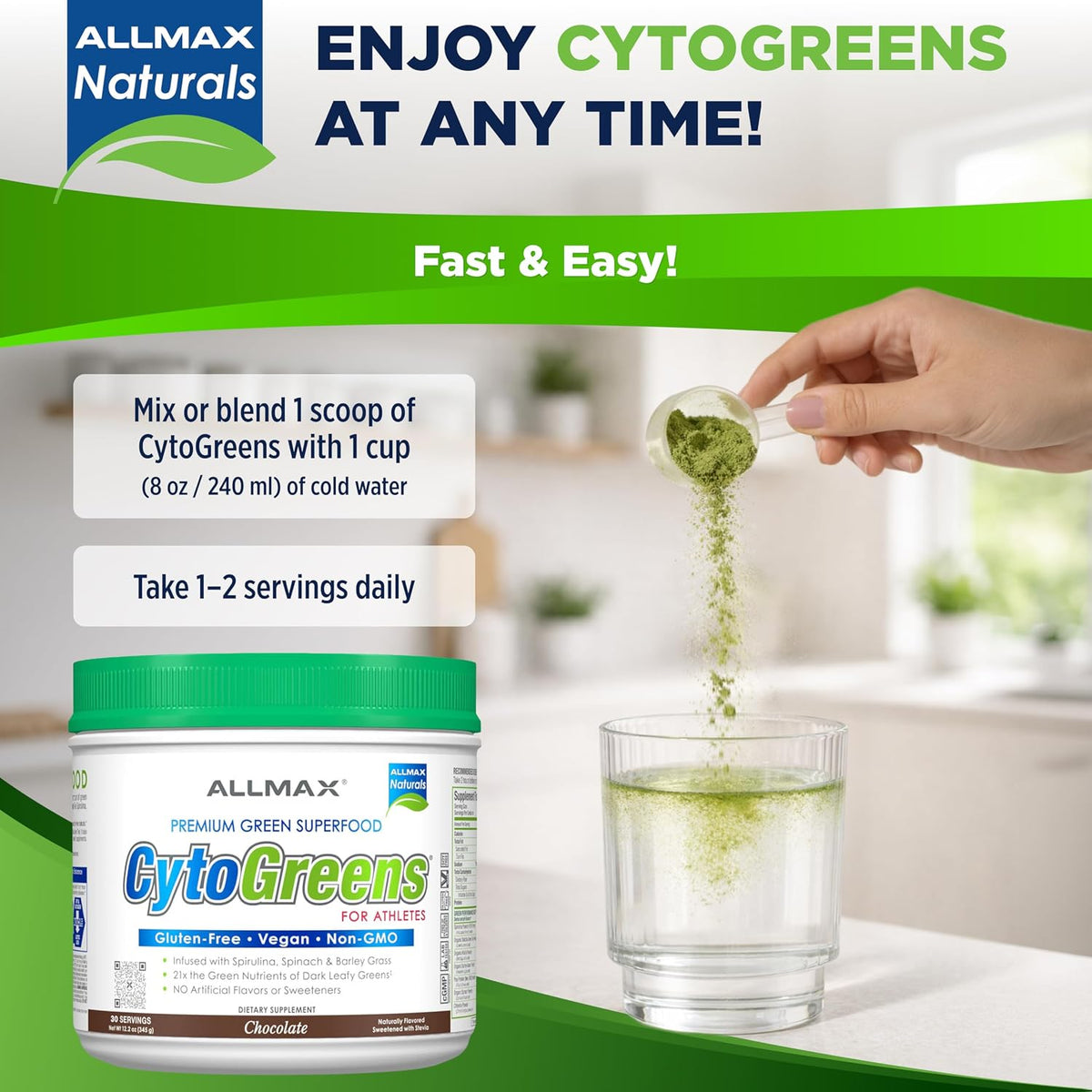 ALLMAX CytoGreens Super Greens Powder, Acai Berry Green Tea, 30 Servings - görsel 5