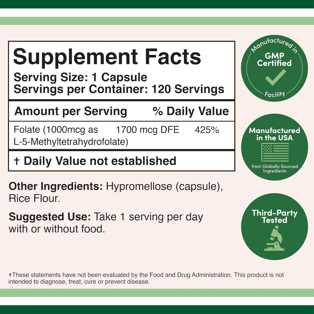 Methylfolate 1,000 mcg, 120 Capsules - Third-Party Tested Active Folate Food Supplement - görsel 2