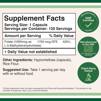 Methylfolate 1,000 mcg, 120 Capsules - Third-Party Tested Active Folate Food Supplement