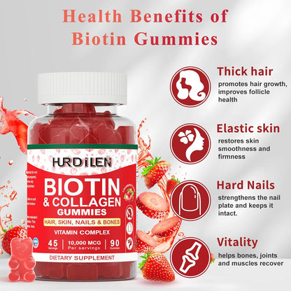 Hurdilen Hair, Skin and Nails Gummies - 10000mcg Biotin & Collagen, 90 Gummies for Women and Men