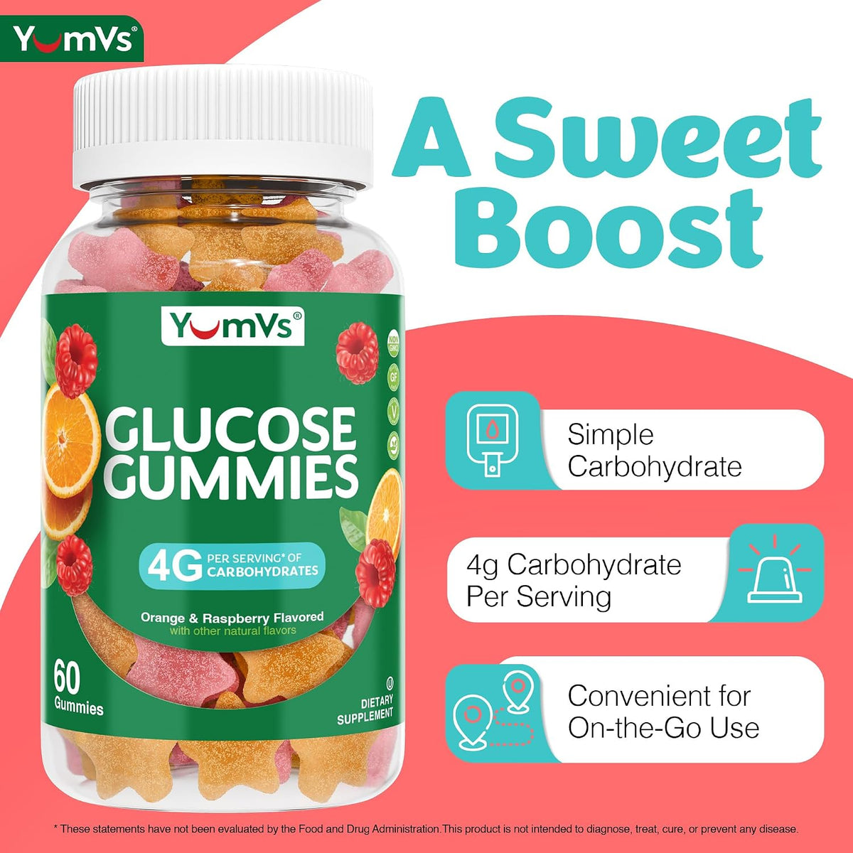 YUM-V'S Glucose Gummies – Fast Acting Chewable Gummies – Orange & Berry – 60 Count (Pack of 2) - görsel 4