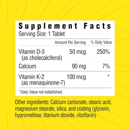 Sunshine Vitamin D3 with K2, 2000 IU D3 + 100 mcg K2, 60 Tablets