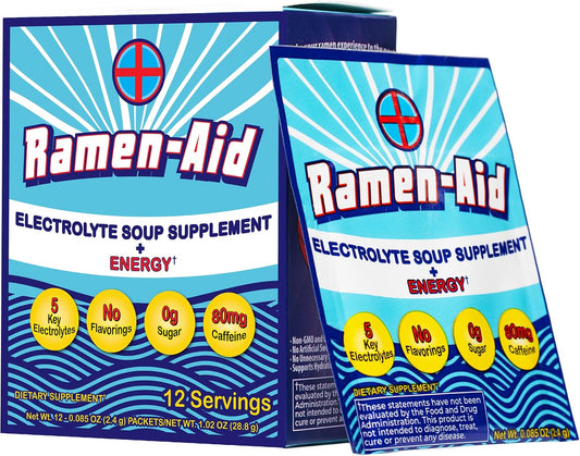 Ramen-Aid Electrolyte Soup Supplement with Energy, 80mg Caffeine, Sodium-Free, Sugar-Free, 12 Packets