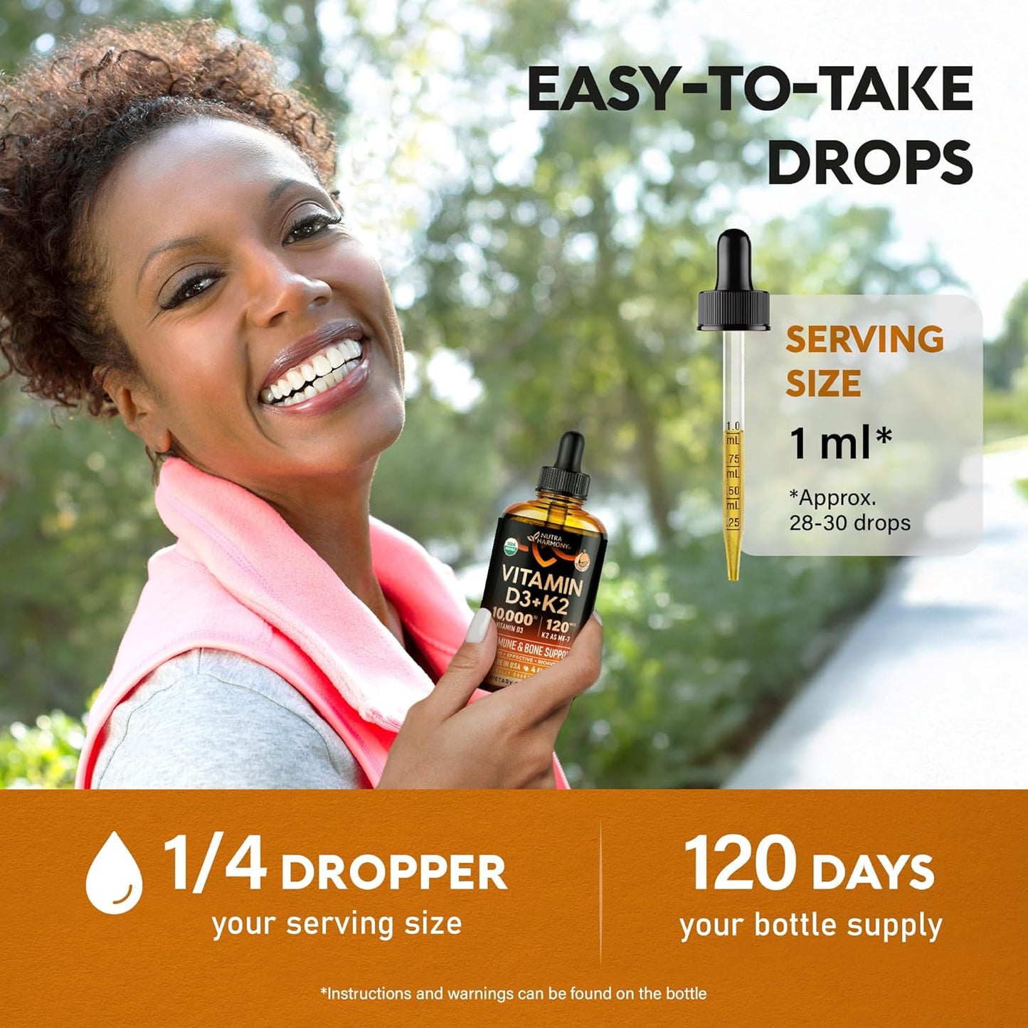Vitamin D3 K2 USDA Organic Drops, 10000 IU D3 & 120 mcg K2 MK-7, Orange Flavour, 120 ml (120-Day Supply) - görsel 7