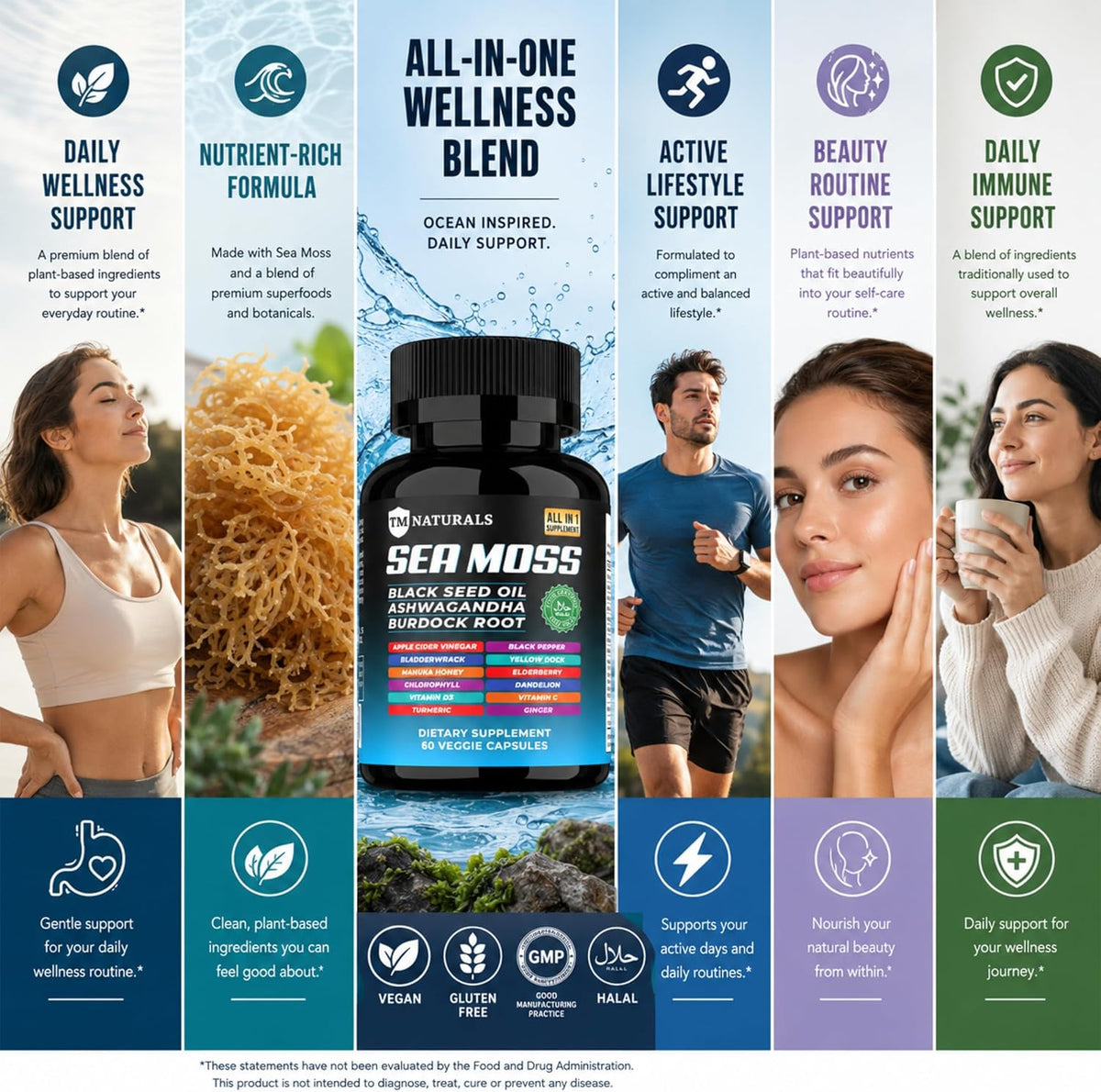 Sea Moss with Black Seed Oil, Vitamin C, Ashwagandha and Turmeric for Immune Support & Energy – 60 Vegan Capsules + Free Pill Box - görsel 6