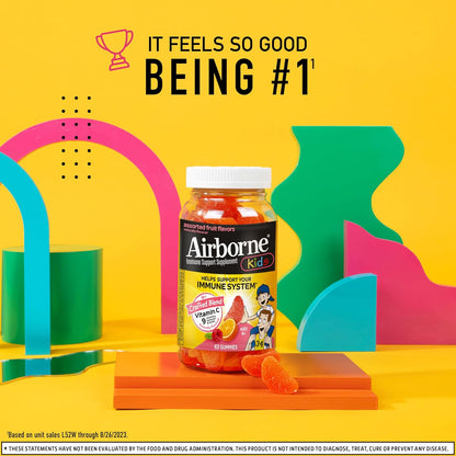 Airborne Kids 500mg Vitamin C Gummies with Zinc and Vitamin E - Immune Support Chewable Gummies - 63 Assorted Fruit Flavours