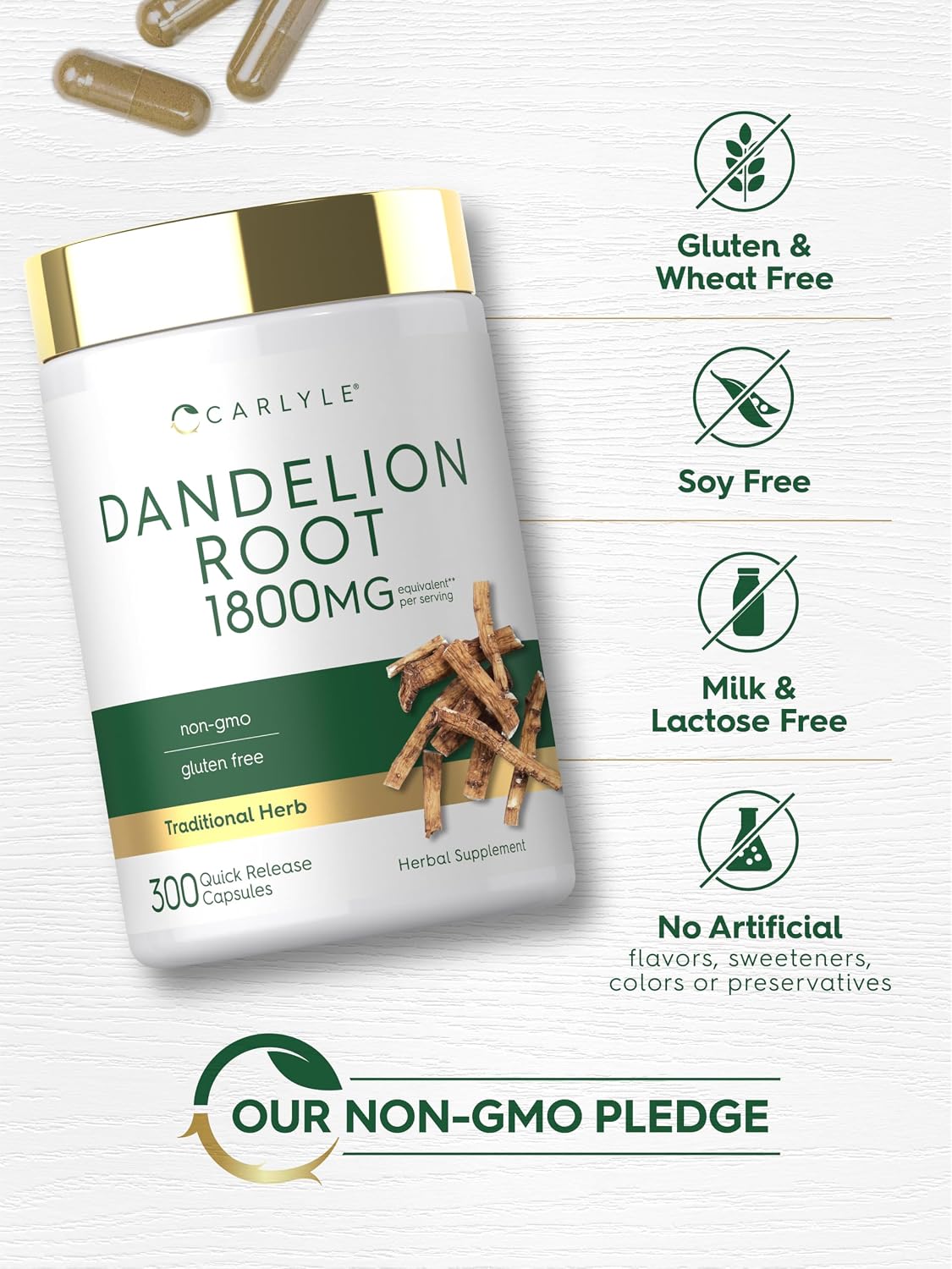 Carlyle Dandelion Root Extract | 300 Capsules | Herbal Supplement | Taraxacum Officinale | Non-GMO and Gluten-free - görsel 5