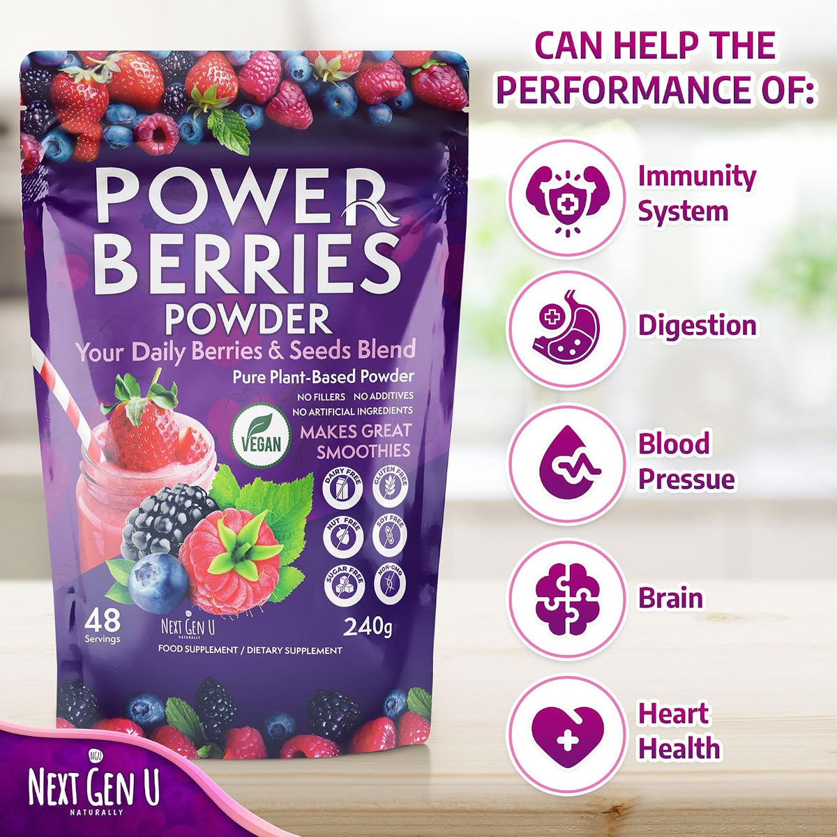 Super Berry Powder - 1 Pack, 240g - Food Supplement with Superfood Berries - Immune Support & Antioxidant Blend - Smoothie Mix for Shakes - by NextGenU - görsel 3