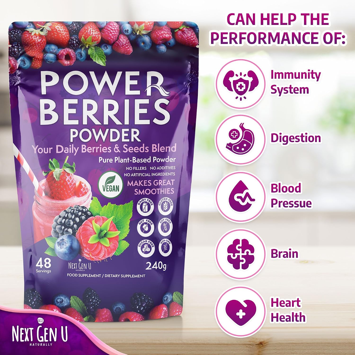 Super Berry Powder - 1 Pack, 240g - Food Supplement with Superfood Berries - Immune Support & Antioxidant Blend - Smoothie Mix for Shakes - by NextGenU - görsel 3
