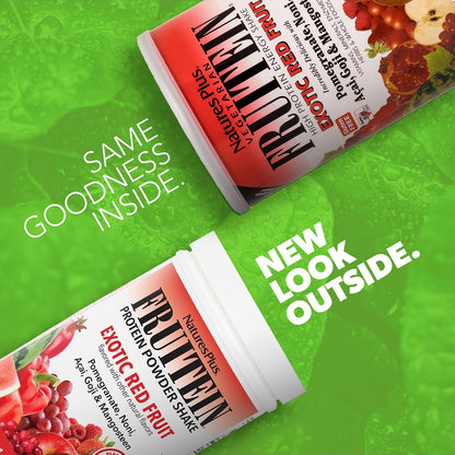 NaturesPlus FRUITEIN Exotic Red Fruit Shake - Plant-Based Protein & Multivitamin Powder, 590g