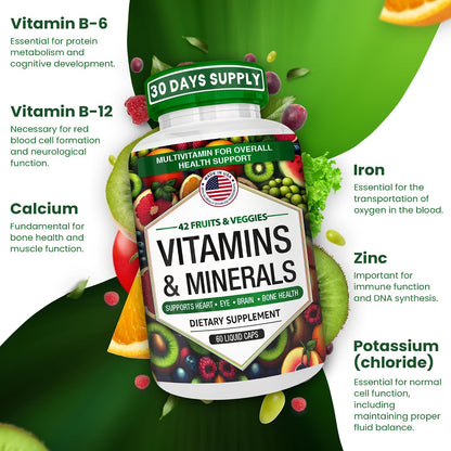 Multivitamin and Mineral Capsules with Zinc and Premium 42 Fruit and Vegetable Blend for Immune Support | Daily Multivitamin Antioxidant Supplement | 60 Capsules