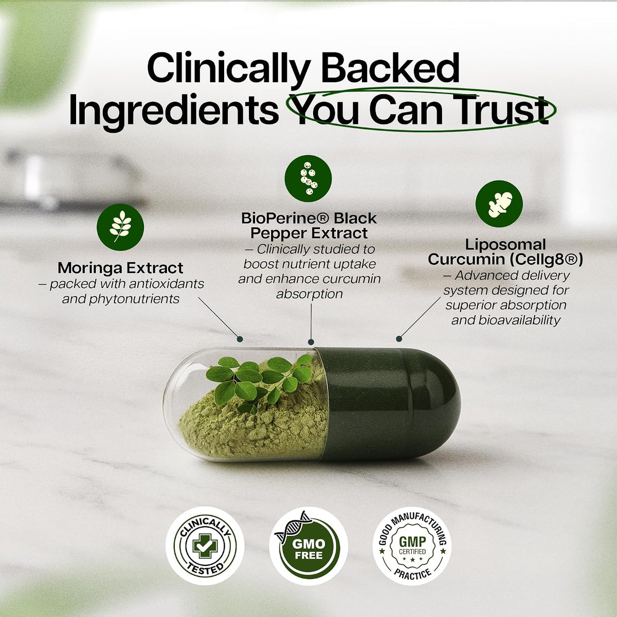Benevolent Moringa Capsules with Liposomal Curcumin & BioPerine – 180 Capsules - görsel 5