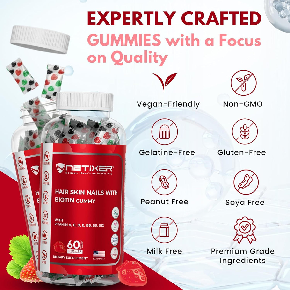 Biotin Gummies 5000 mcg | Multivitamin Gummies | Vitamins A C D E B6 B12 with Zinc | Strawberry Flavour | Vegan | Individually Wrapped | 60 Count - görsel 5
