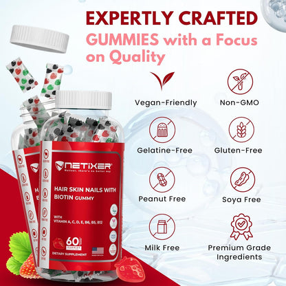 Biotin Gummies 5000 mcg | Multivitamin Gummies | Vitamins A C D E B6 B12 with Zinc | Strawberry Flavour | Vegan | Individually Wrapped | 60 Count
