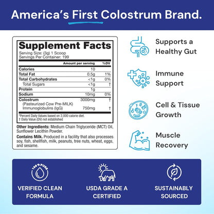 Symbiotics Colostrum Plus Powder - Bovine Colostrum with 25% IgG Immunoglobulins, Unflavoured, Gluten Free, 21 oz (595 g)