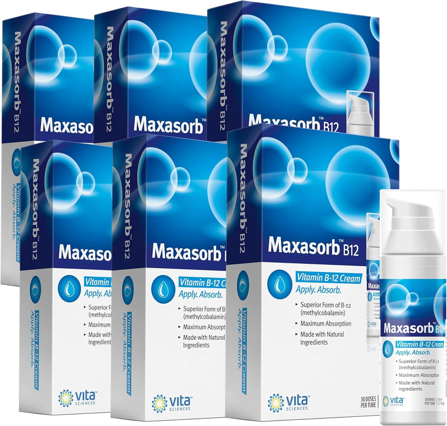 Vita Sciences Maxasorb B12 Vitamin B-12 Cream 1000 mcg – Topical Methylcobalamin for Energy and Skin Health (Pack of 6) - görsel 1